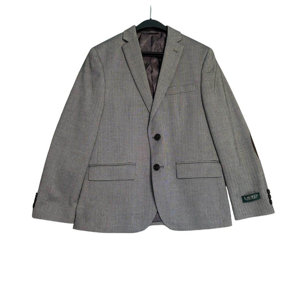 Lauren Ralph Lauren Blazer Boy 14R Gray Herringbone Brown Elbow Patch Sport Coat